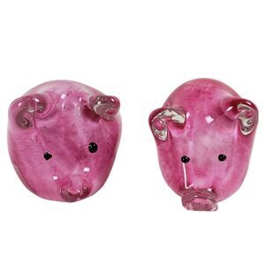 (2) Pig Paperweight w/ Tail Pink Swirl Slag Glass Encased in Clear Murano Style